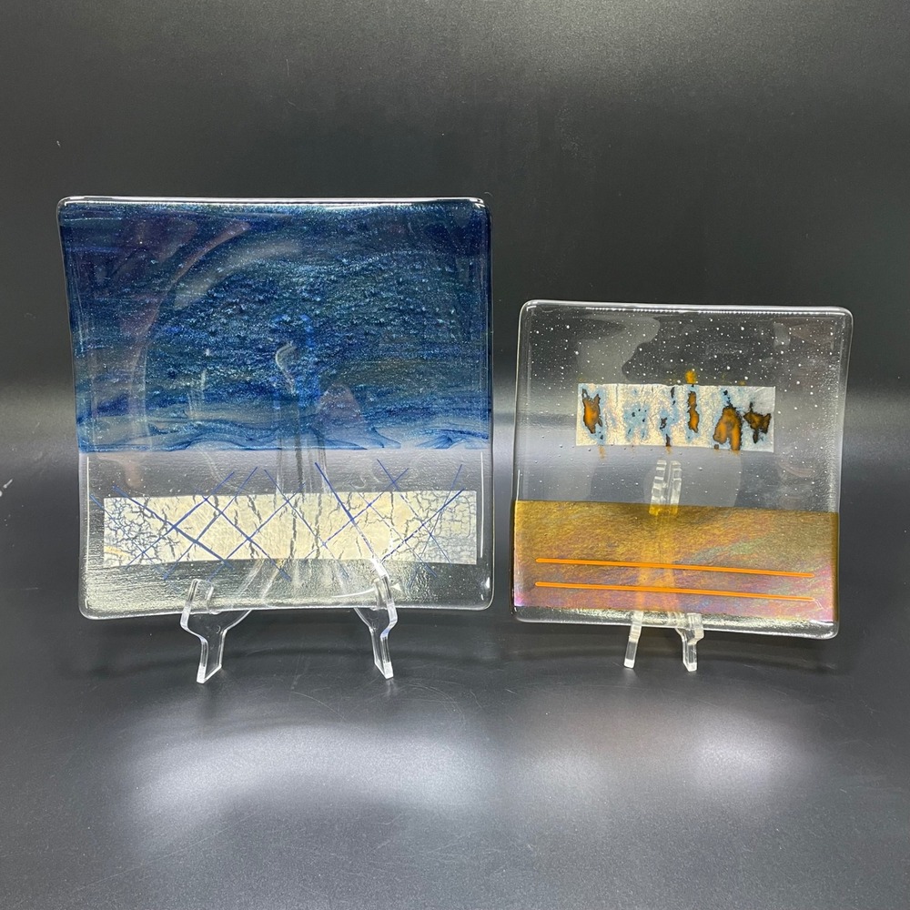 S Hawthorne Fused Glass Art Plates Set of 2 Blue Gold Modern Abstract Square